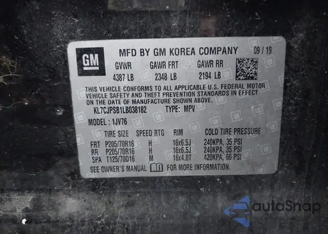 2020 Chevrolet Trax Awd Lt из США, поврежденный, VIN KL7CJPSB1LB038182